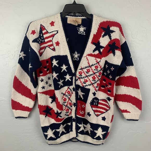 Vtg Stitches In Time USA Cardigan Womens Large Red White Blue Patriotic - Picture 1 of 8
